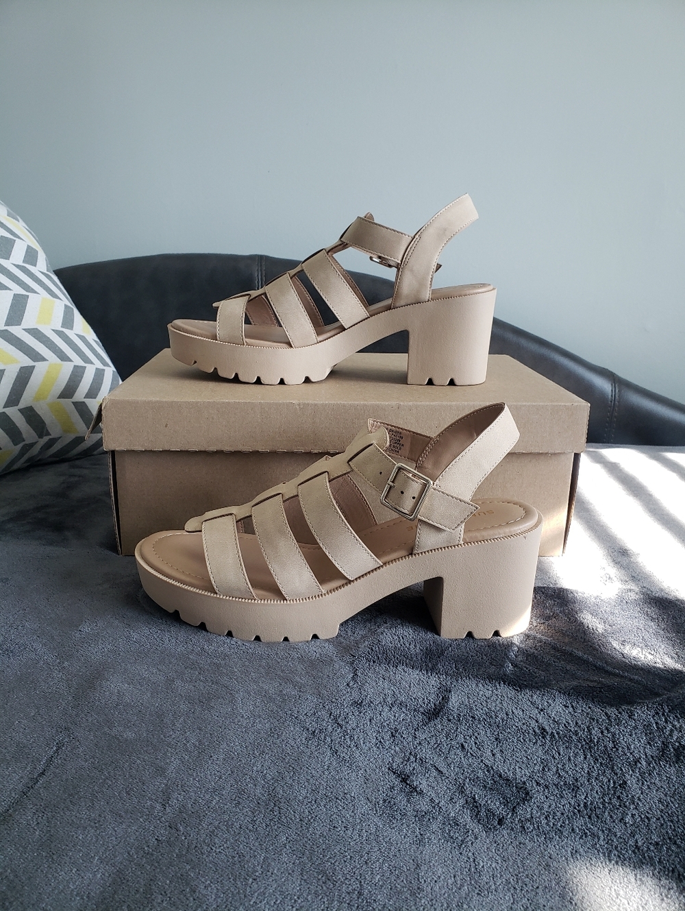 Sun & Stone Platform Block Heel Strappy Sandals - Beige